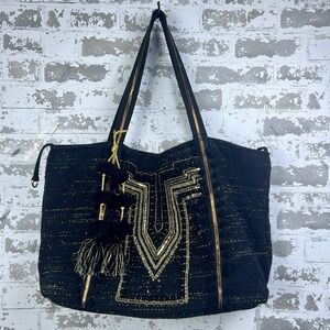 America & Beyond Luxe Love Tote Large Black Gold Pom Poms Tassels Metallic Spark